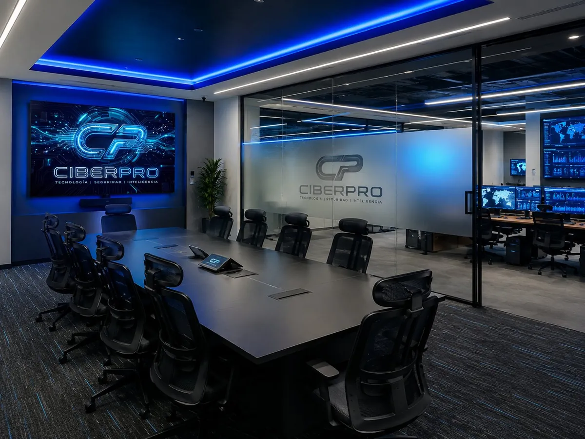 Equipo de CIBERPRO en reunión de trabajo con pantallas y logotipo