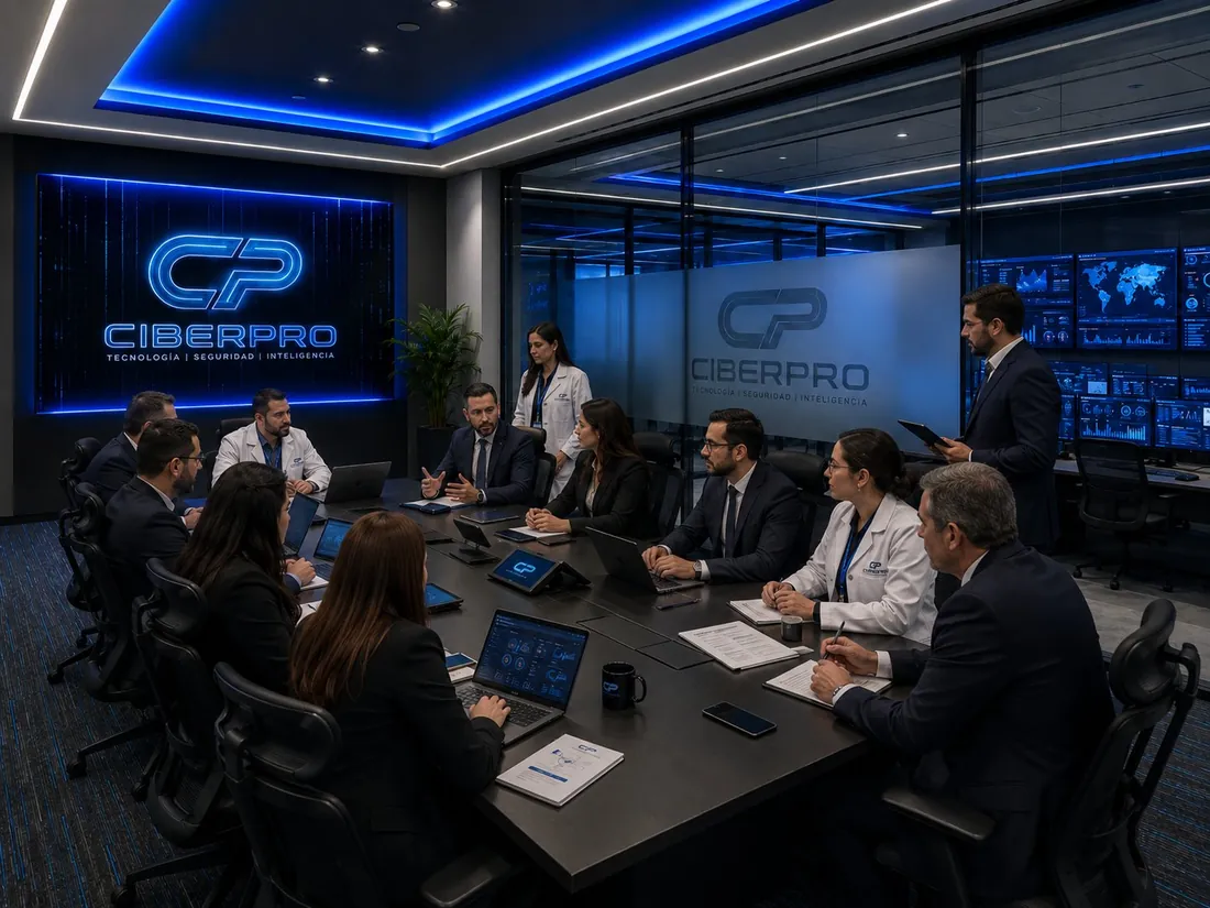 Equipo de CIBERPRO en sala de reuniones con paneles de datos y logotipo corporativo